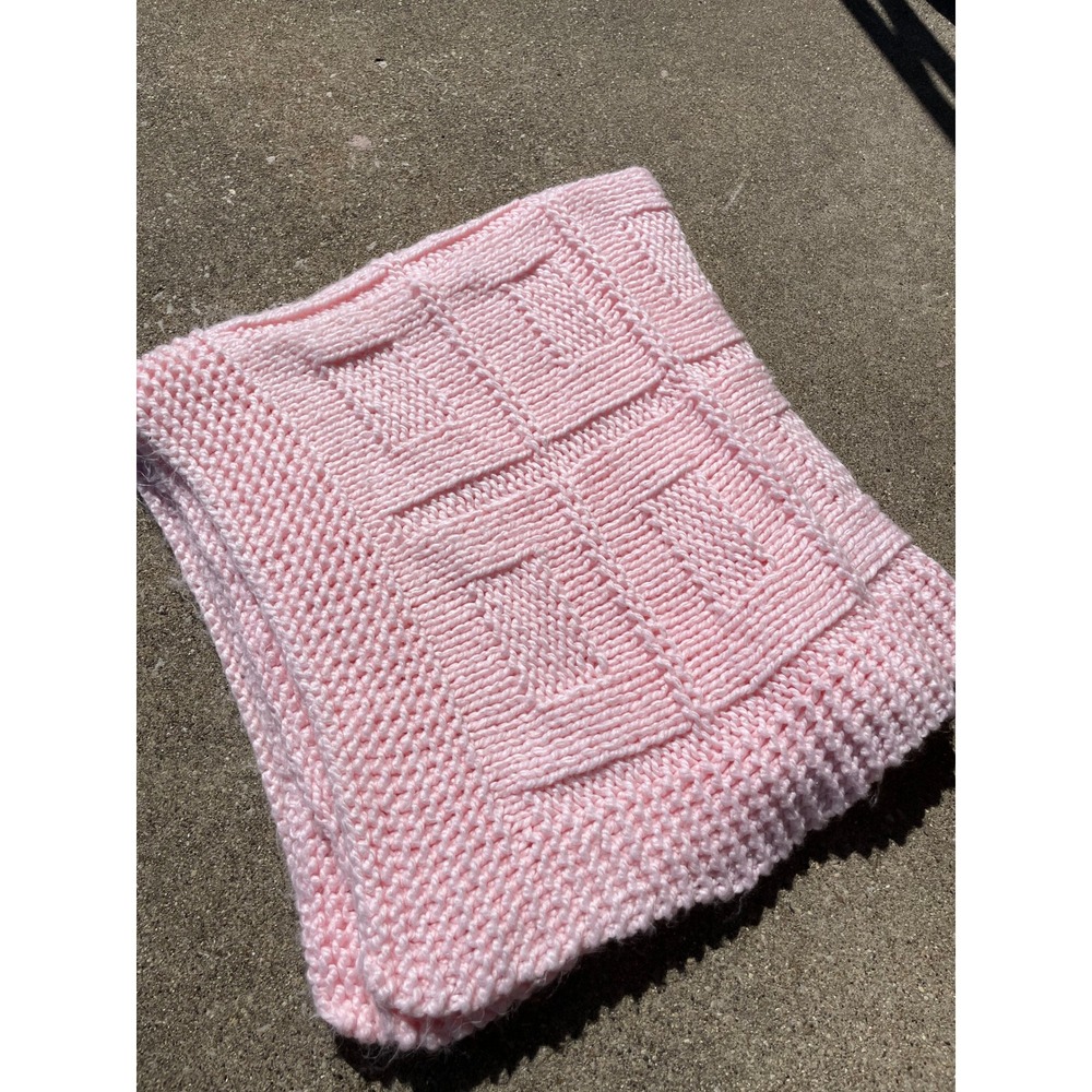 Handmade Knit Baby Blanket Pastel Pink Framed Square Pattern 33x35in